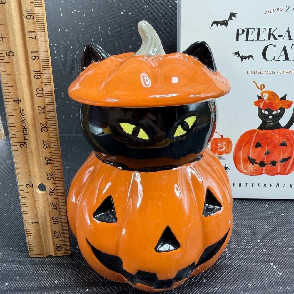 Pottery Barn Peek A Boo Cat Lidded Mug Halloween Pumpkin Black Cat Ceramic Cup